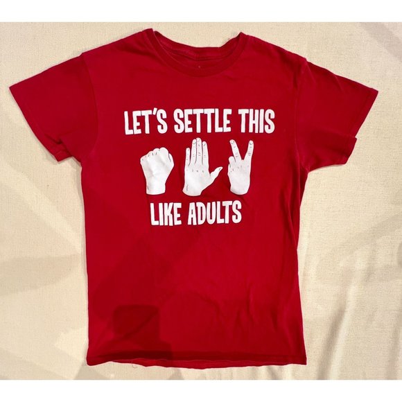 Let's Settle This Like Adults Rock Paper Scissors Graphic Red T-Shirt Crew Neck - Picture 1 of 10